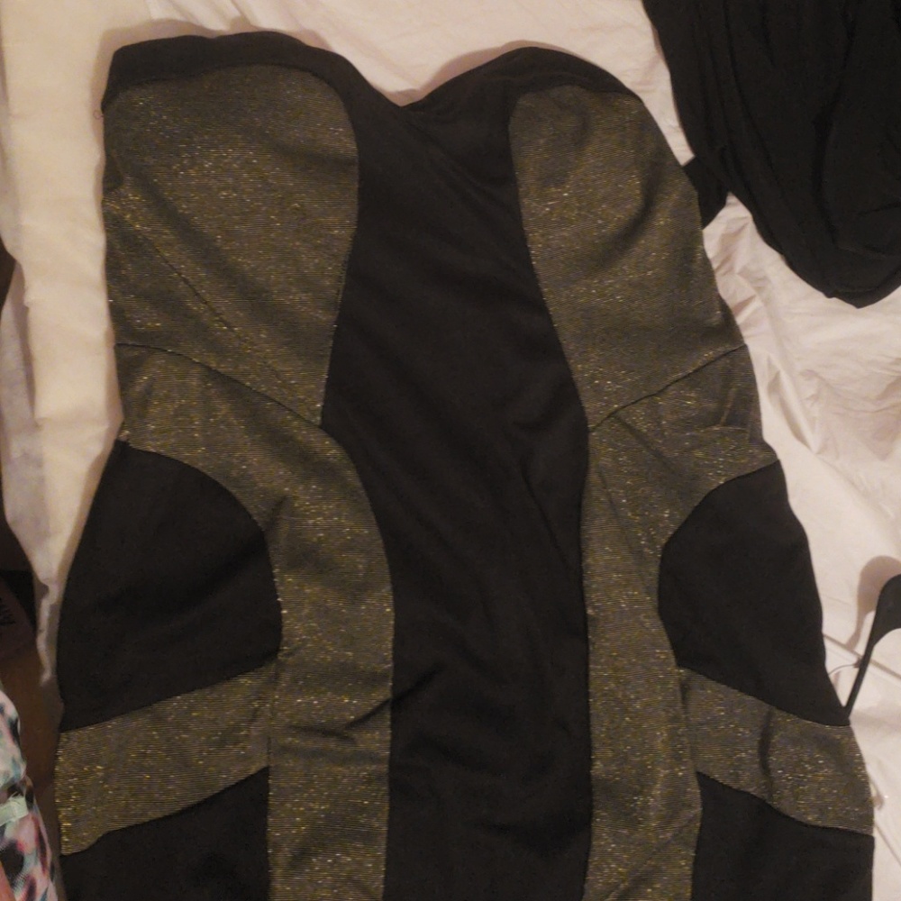 Black and gold strapless mini dress
